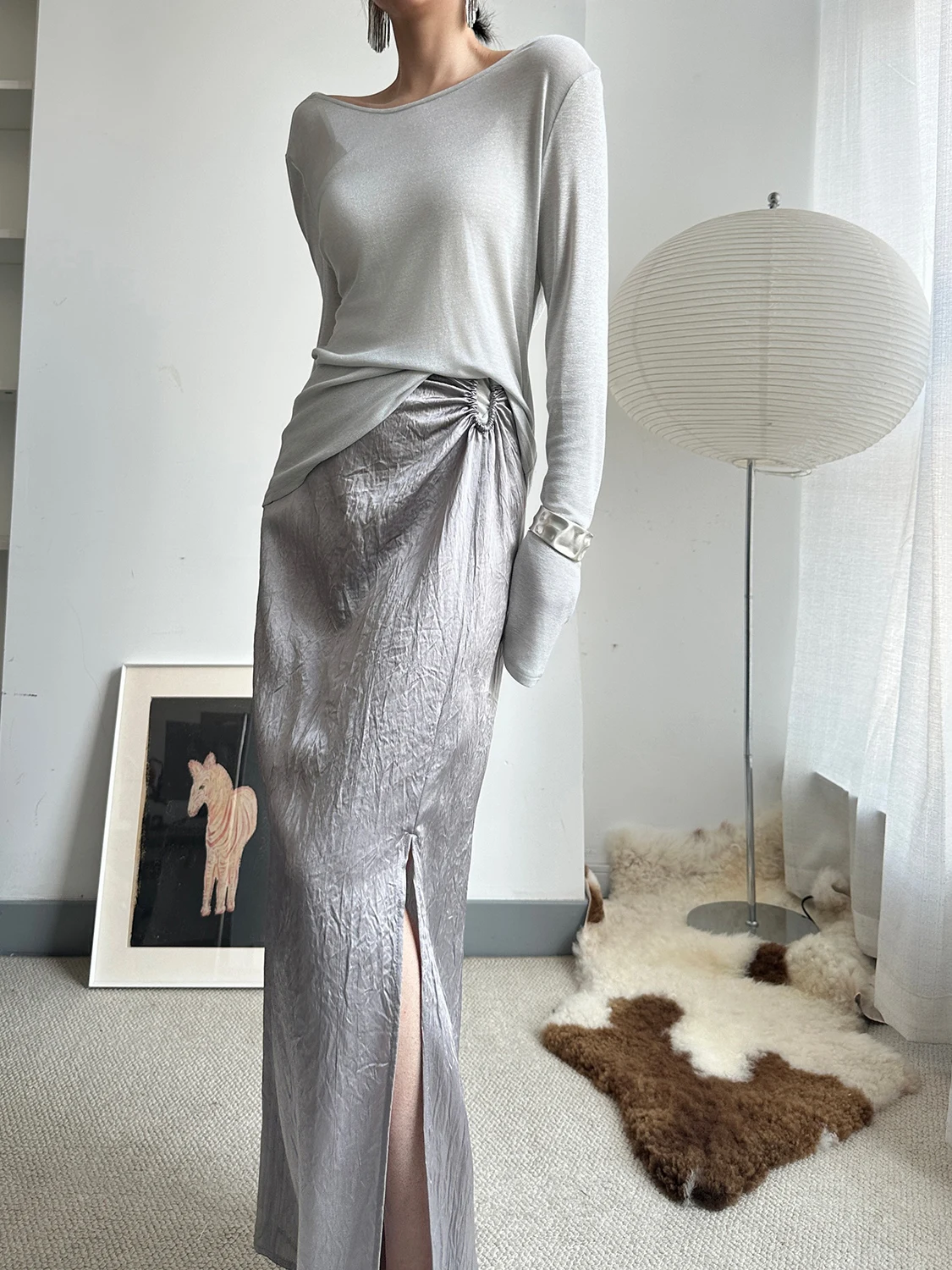 

Yang New Chinese Sle Long ey Acetate A-Line Skirt Wrap Body Fi Tail Skirt High Waist Straight Tube Long Skirt