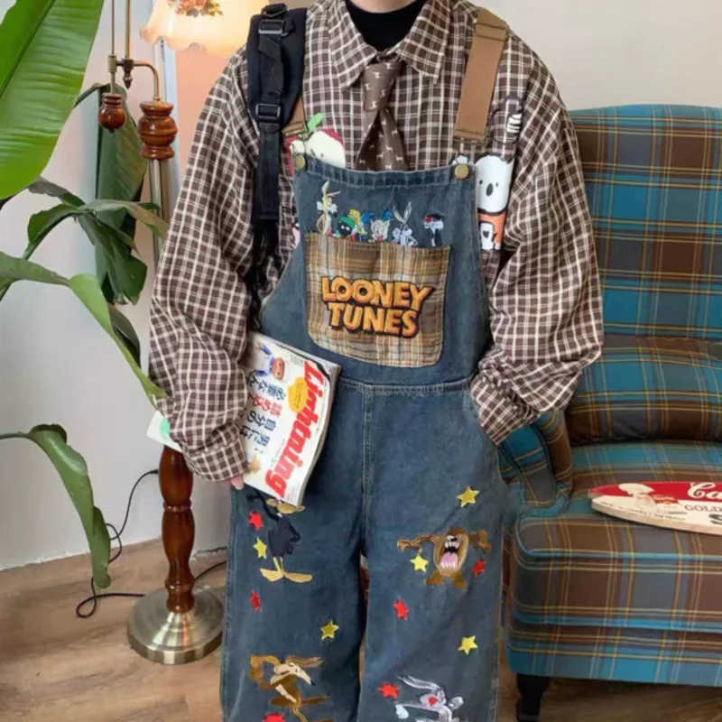 

Disney American Fashion Washed Cartoon Embroidered Denim Overalls Women Street Style Loose Wide Leg Pants Trendy Versatile Jeans