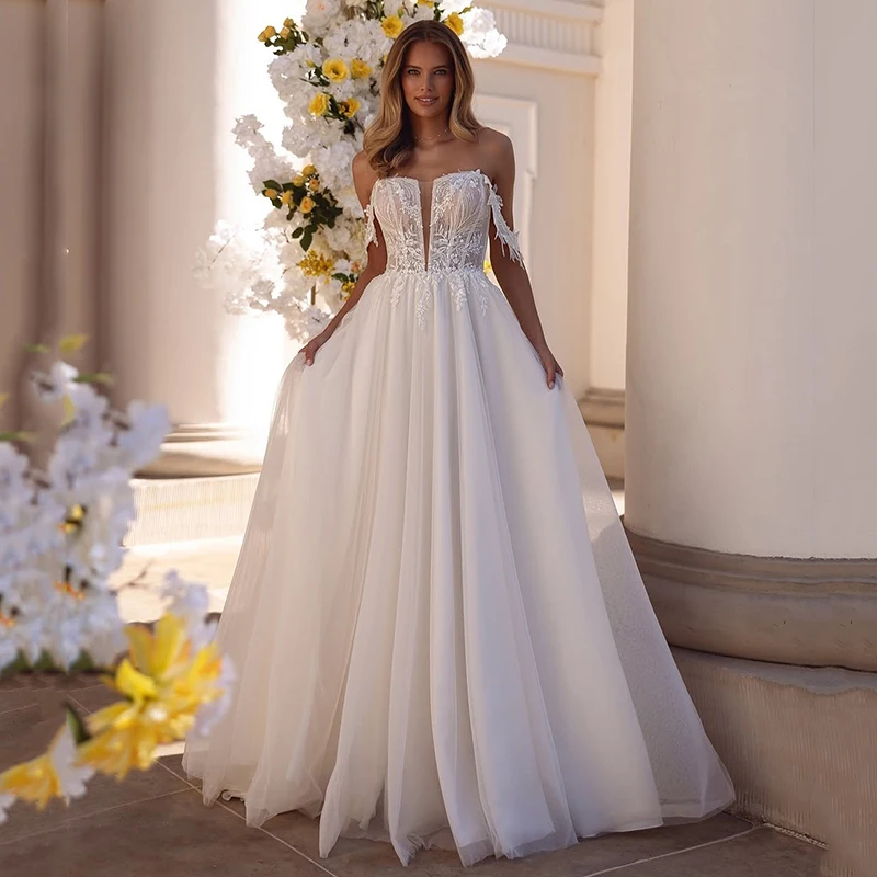 

Eightree Elegant A-Line Wedding Dresses Boho Beach Sweetheart Appliques Tulle Bridal Dress Wedding Ball Prom Gowns Customized