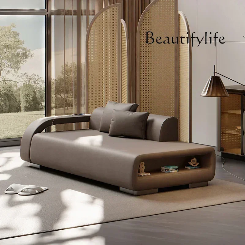 Italian minimalist leather chaise longue sofa bed solid wood rechargeable home living room leisure recliner