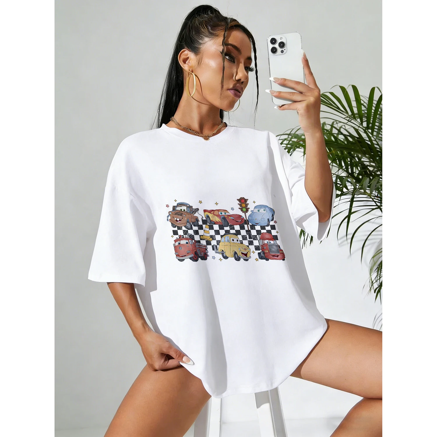 

Disney Summer Racing All-Characters Racing Checkered 100% Cotton Printed T-Shirt - Men's and Women's Casual Breathable Top