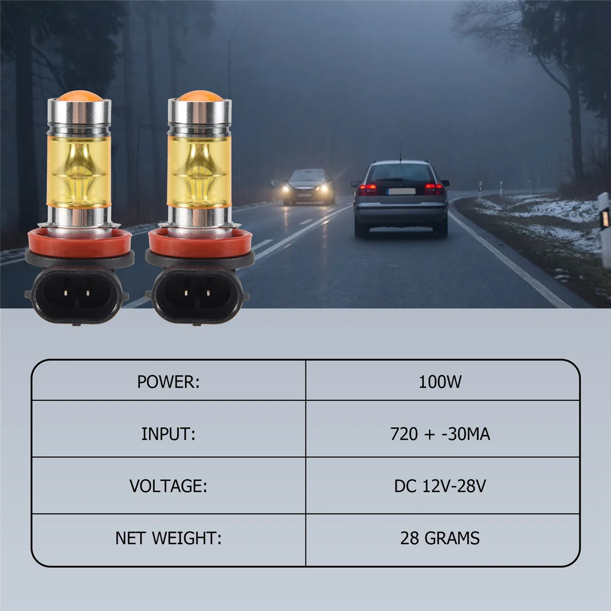 2 X High Power Led Lights 100W H8 H11 Yellow Fog Light 2828 20Led Headlight