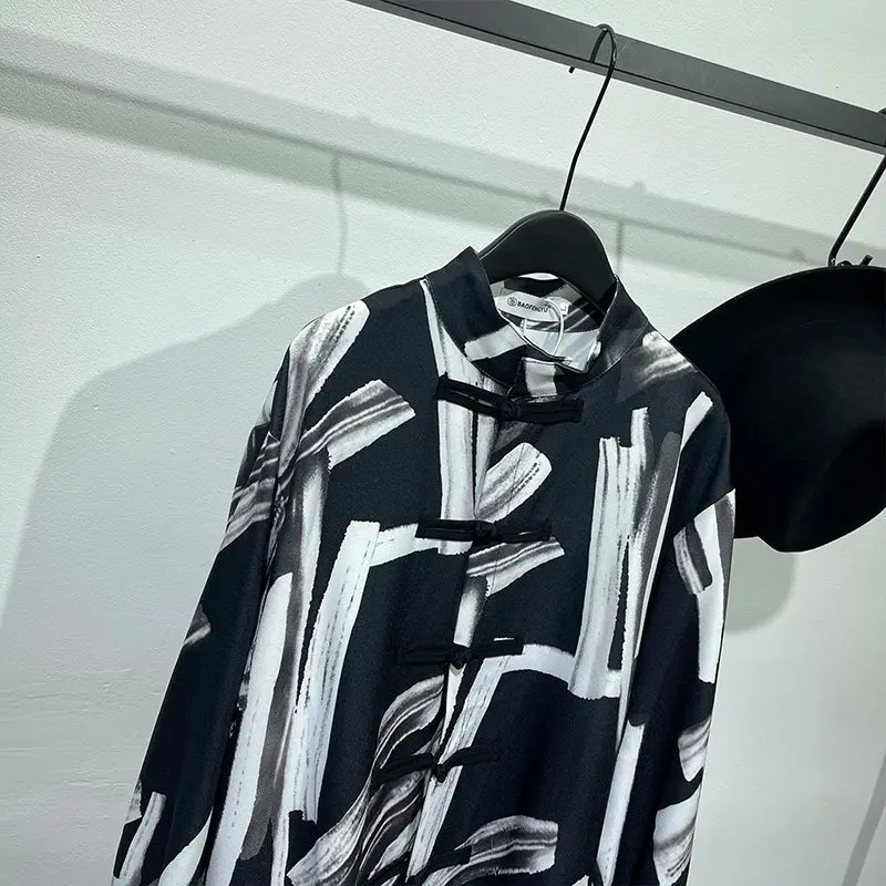 Designer Trendy Men's Irregular Pattern Print Stand Collar Shirt Popular Chinese Style Casual Retro Top