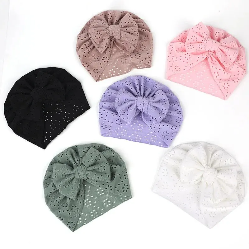 3Pcs Summer Baby Bow Turban Hat Elastic Newborn Mesh Indian Cap Solid Color Hollow Breathable Infant Girls Boys Beanie Bonnet