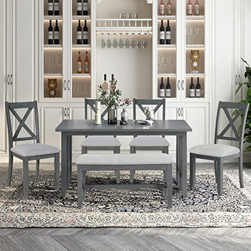 

6-Piece Family Dining Table Set with Foldable Table, Wood Dining Table Set with Upholstered Bench and 4 Upholstered Chair, Kitch