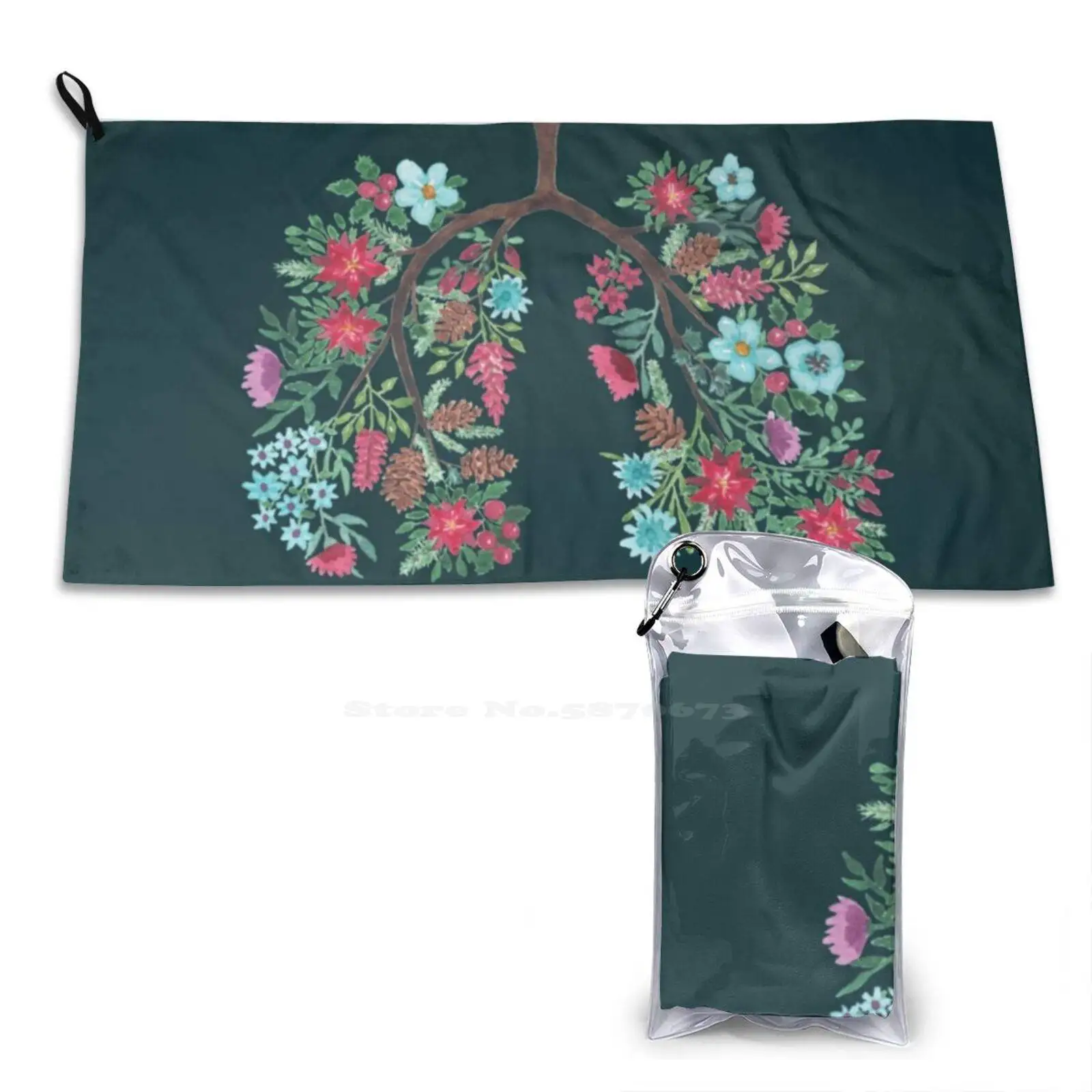 Winter Bouquet Lungs Fashion Soft Bath Towel Quick Dry Flowers Floral Bouquet Trees Bloom Botanical Green Breathing Nature