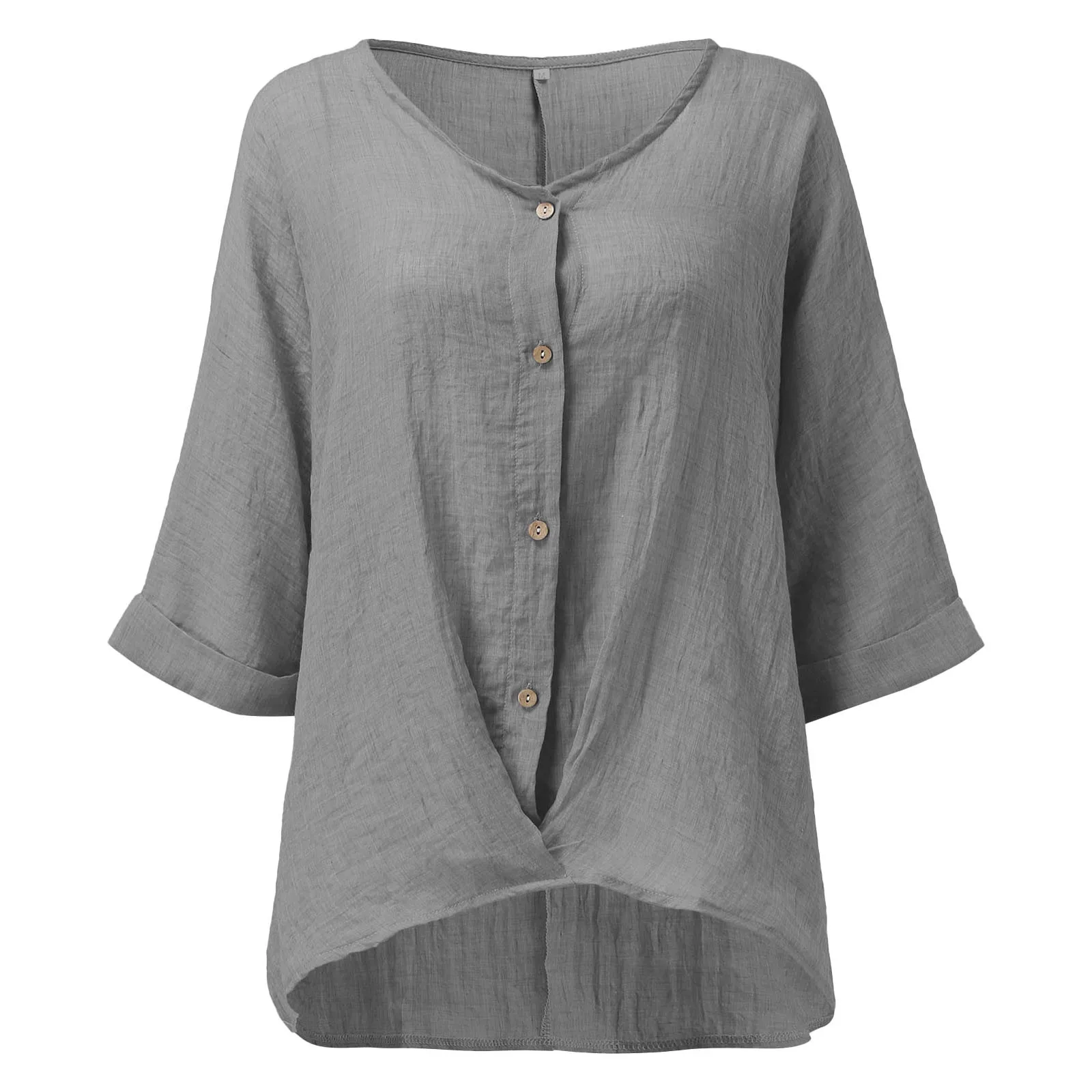 Women\'s Summer Cotton And Linen Shirts V Neck Button Short Sleeve Oversized Loose Fit Casual Blouse Solid Color Comfort Tops