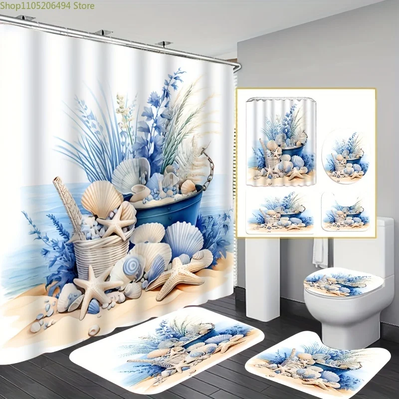 

1/4pcs Vintage Elegant Shell Starfish 2D Fat Print Bathroom Set, Includes Shower Curtain with Hooks, Non-Slip Mat, Toilet Lid