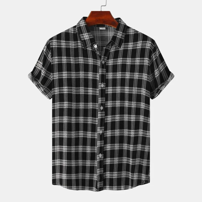 

Summer Casual Shirts For Mens Black Plaid Shirt Lapel Holiday Short Sleeve Hawaiian Shirt Men 2022 Fashion Tops