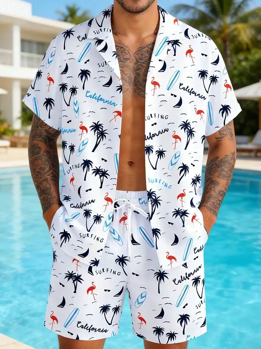 

Mens Cuban Collar Shirt And Beach Shorts Set With California Surf Print Summer Casual Wear