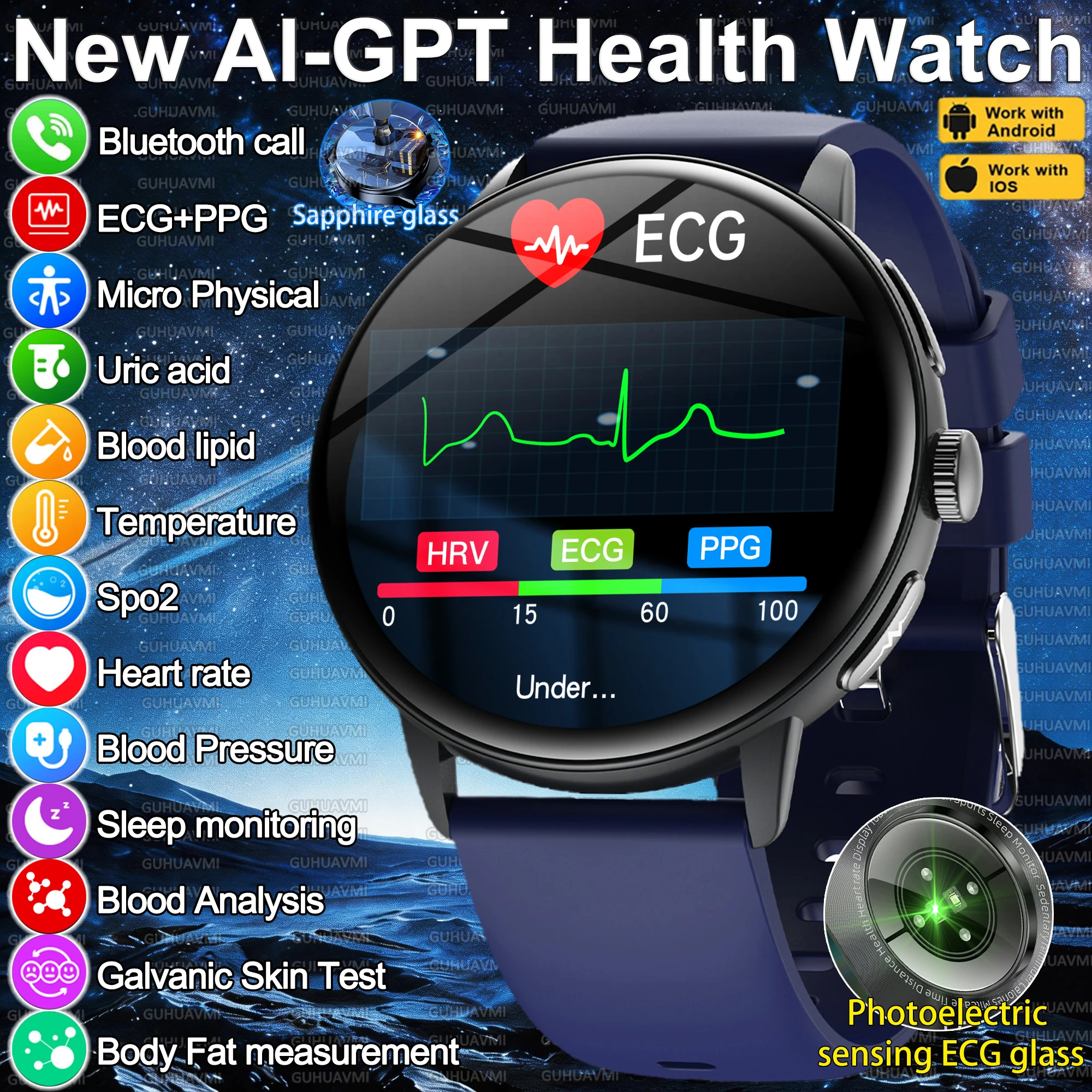 

2026 New ECG+PPG Heart Health Analysis Uric Acid Smart Watch Body Fat BP Blood Oxygen HD Clock BT Call Smart Watch For Men Women
