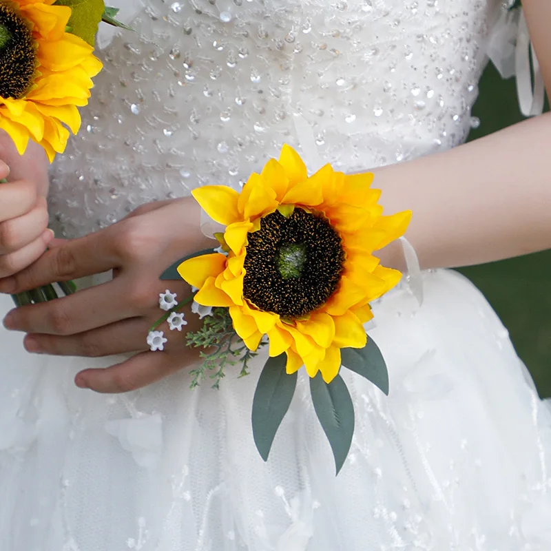 SoDigne Bride Sunflower Wrist Corsage Wedding Accessories Flowers Artificial Cuff Bracelets Corsage Marriage Party Decoration