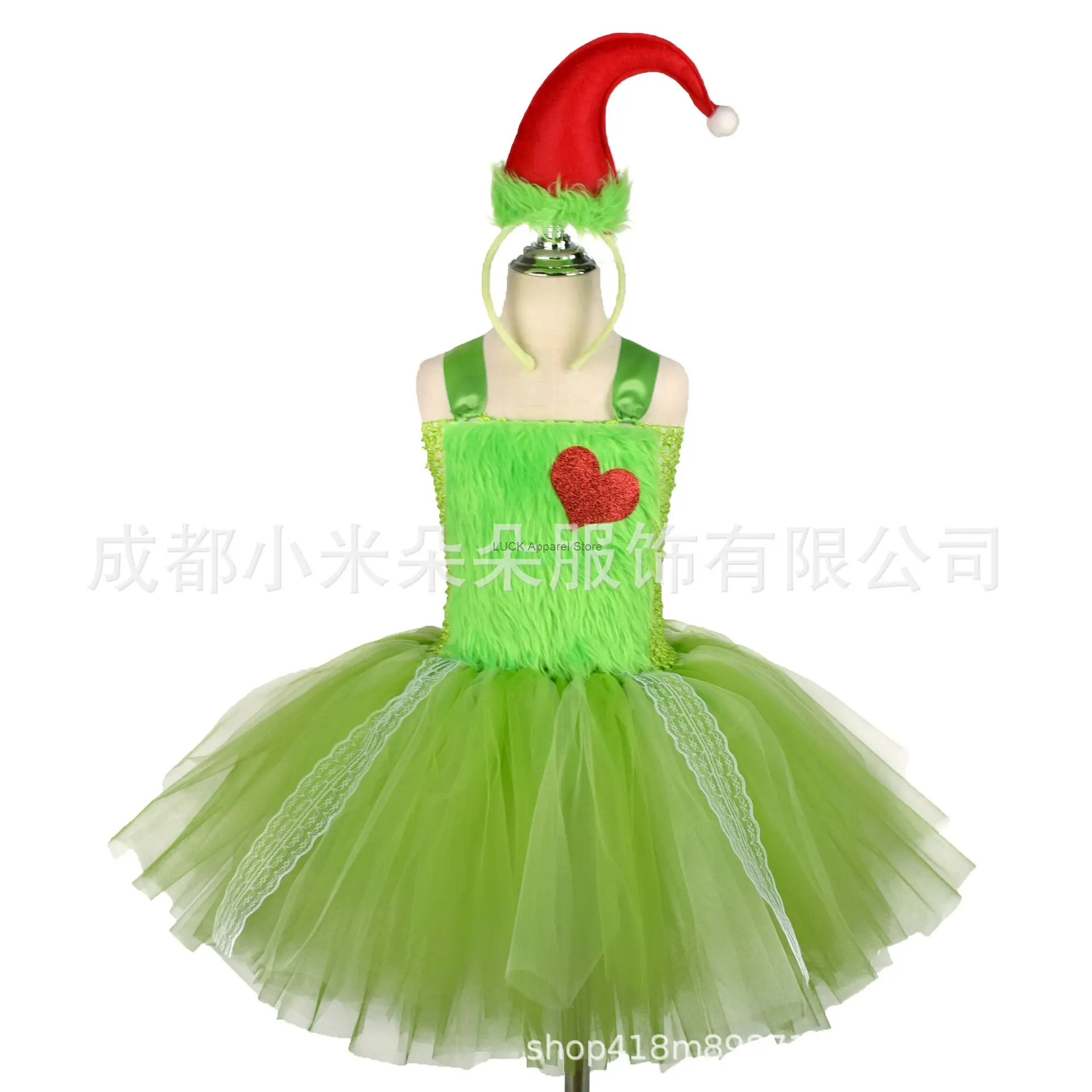 

Chirstmas Girls Dress Up Girl Green Cute Fluffy Skirt Grass Green Dress With Hair Bands New Year Dresses