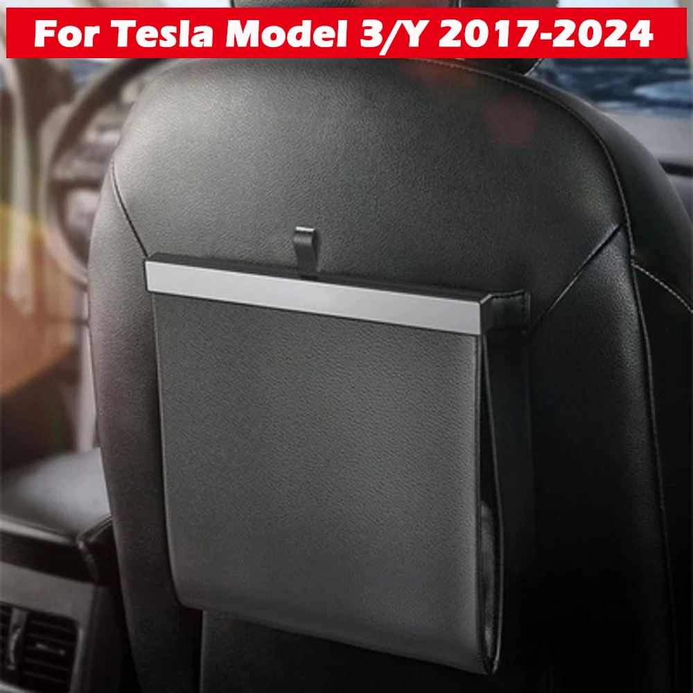 Hanging Car Trash Can for Tesla Model 3/Y 2017-2024,Waterproof PU Leather Portable Organizer Storage with Garbage Bag Accessorie