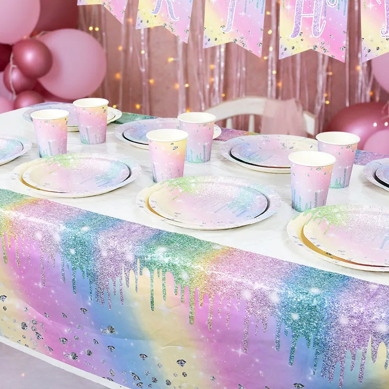 

Disposable Tableware Set Rainbow Gradient Diamond Flag Pulling Table Cloth Paper Plates Cup Wedding Birthday Party Supplies