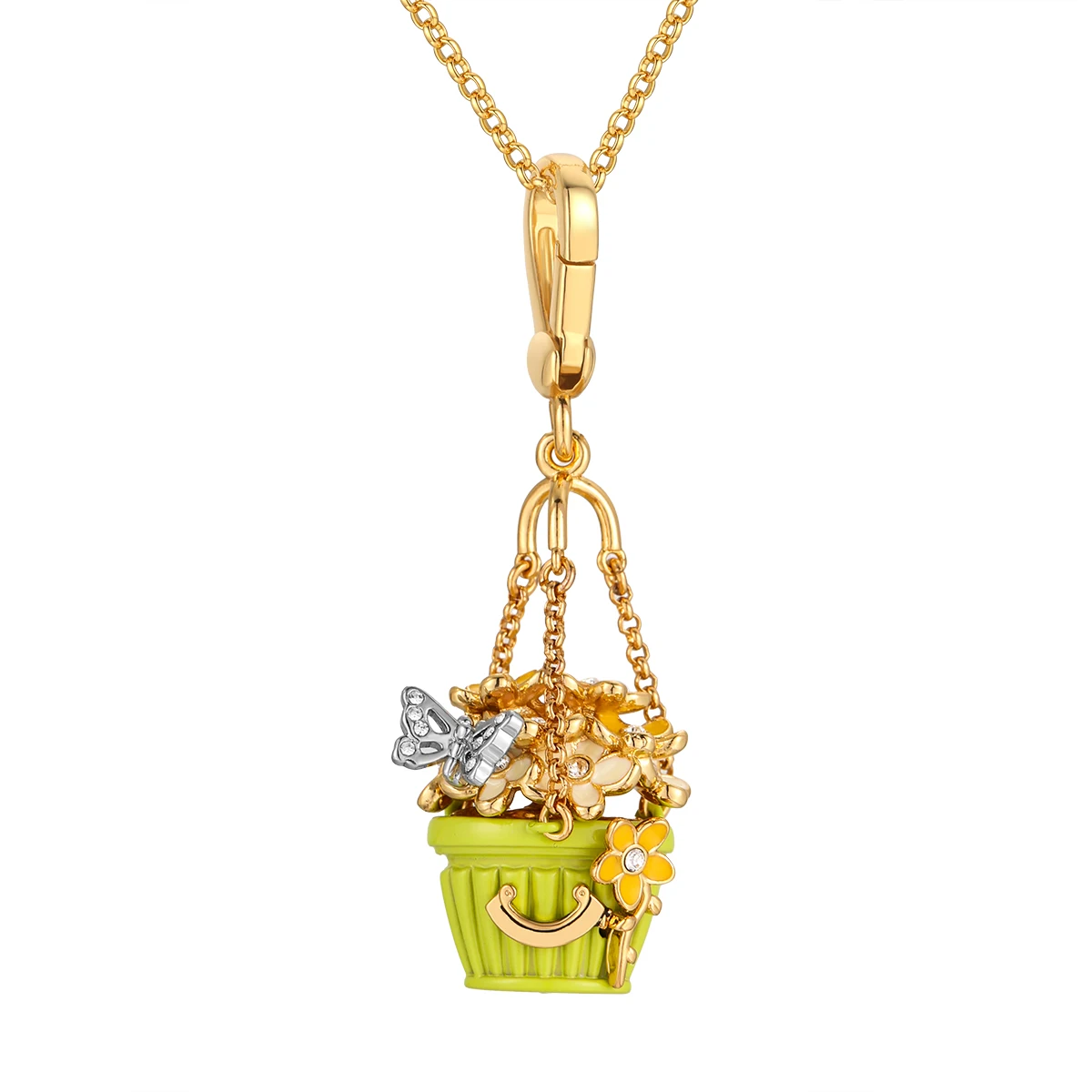 1Pc Sweet And Refreshing Enamel Green Flower Pot Pendant With Rhinestones,Butterflies,Colorful Flowers,Letters,Flower Basket