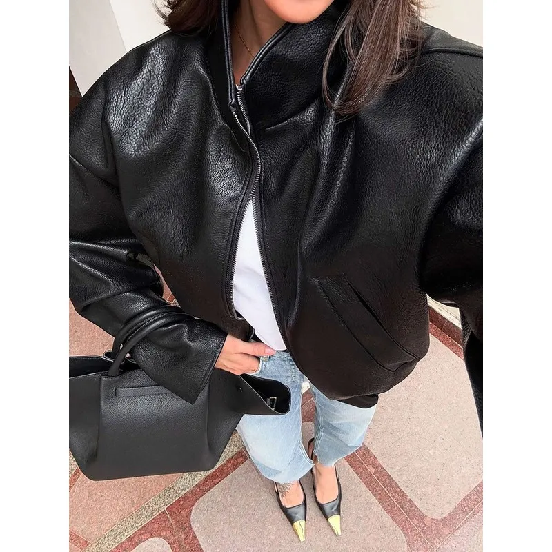 Fashionable Casual Loose Stand Collar Long Sleeve PU Leather Jacket Coat Young Women's Short Style Zipper Pure Color