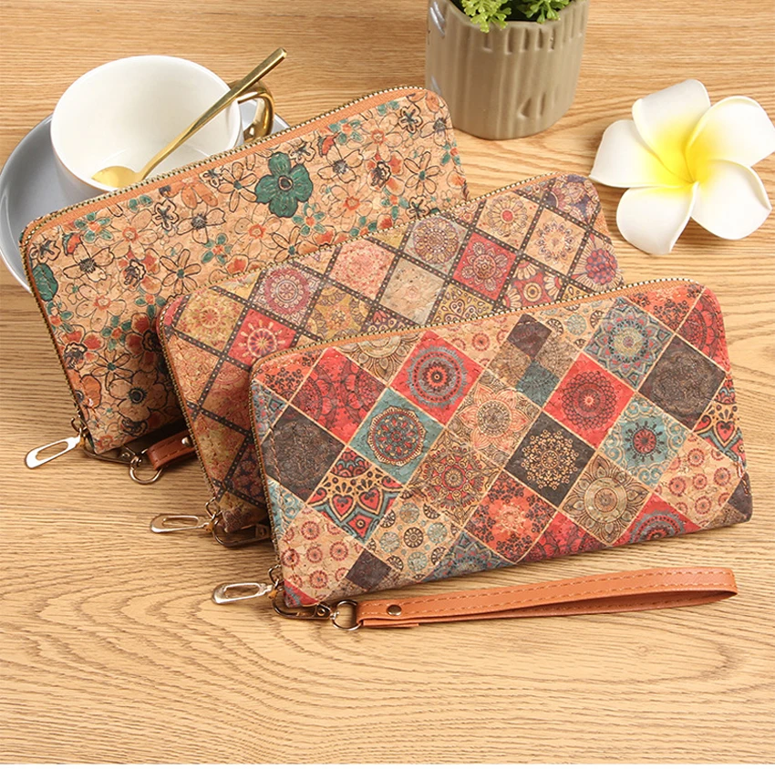 

5pcs Wallets Women Cork Leather Fish Geometry Printing Multifunctional Long Card Holder With Wrist