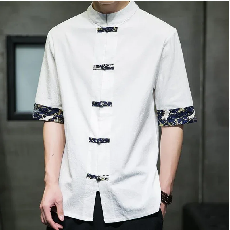 Japanese Retro Casual Kimono Shirt Men\'s Chinese Print Cotton Linen Stitching Short-sleeved Tops Summer Men\'s Streetwear