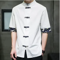 Japanese Retro Casual Kimono Shirt Men's Chinese Print Cotton Linen Stitching Short-sleeved Tops Summer Men's Streetwear