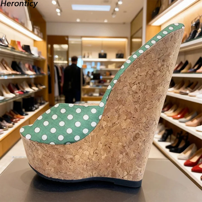 

Handmade Pink Polka Dot Wedge Heels for Women - Cork Platform Open Toe Mules Sandals Summer Party Shoes Ladies US Size 5-16