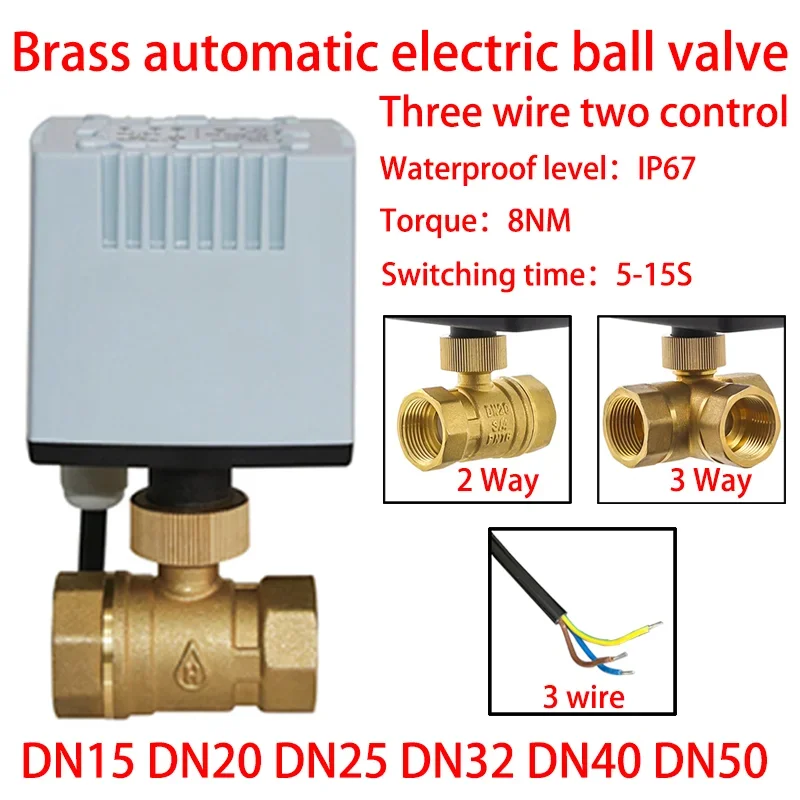 Brass Electric Thread Ball Valve 2 Through 3 Lines DC 12V 24V Solenoid Water Valve, DN15, DN20, DN25, DN32, DN40, DN50, AC 220V