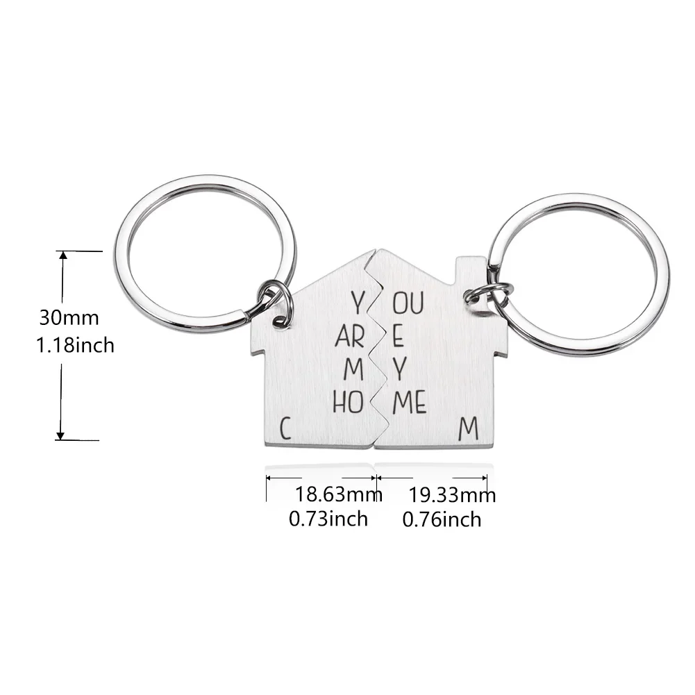 2PCS Home Keychain Personalized Customized Keyring Initials Names Engraved for Boyfriend Husband Couple Loves Anniversary Gift