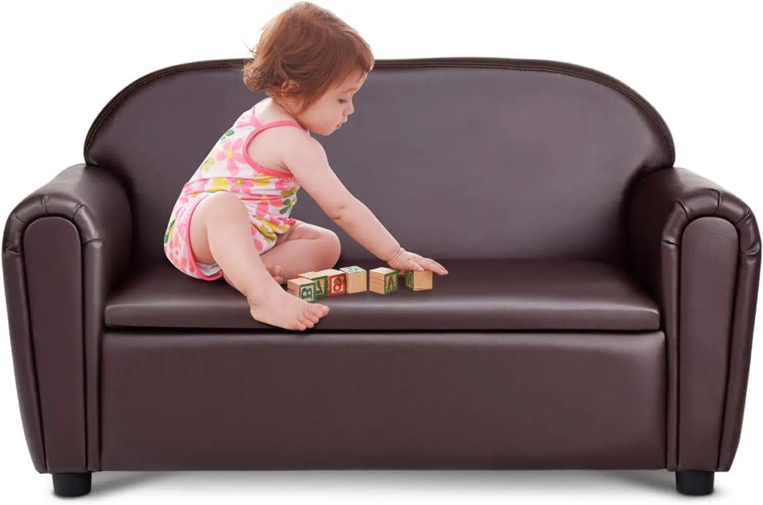 Sofá para niños, sofá para niños de doble asiento 2 en 1 con almacenamiento debajo del asiento, superficie de cuero PU, silla con reposabrazos para niños pequeños, Roo para niños