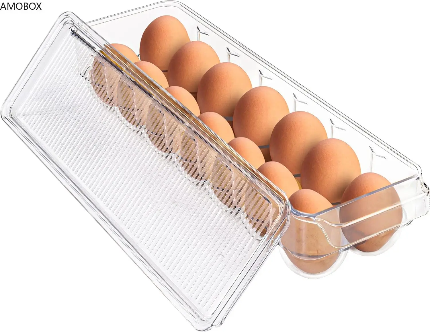 AMOBOX-Egg Container with Lid and Handle for Refrigerator,Clear Egg Holder for Kitchen Storage,Stacked,Refrigerator Fresh