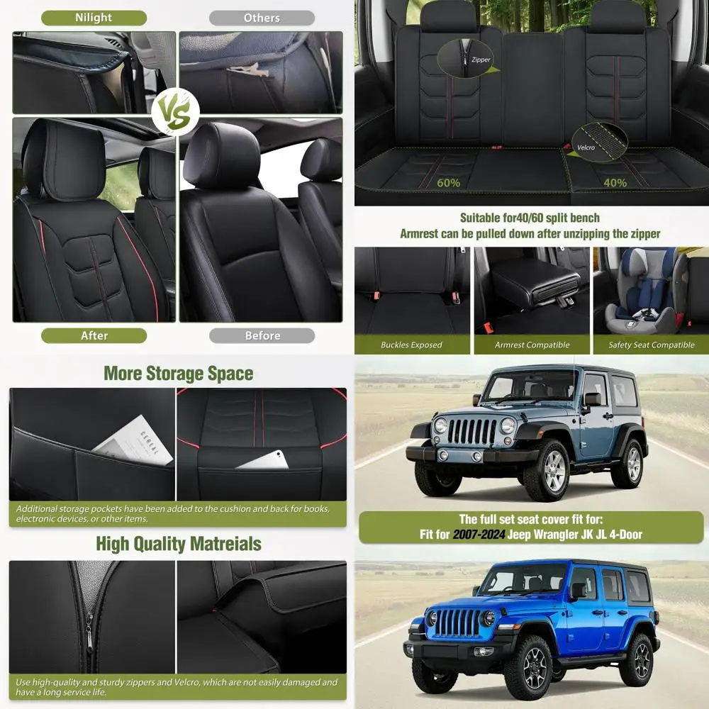 

Car Seat Covers Custom Fit 2007-2024 Jeep Wrangler JK JL 4-Door Waterproof Leather Cushion Full Set with Split Bench 40/60 for U
