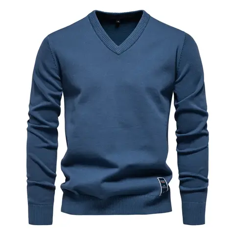 Men's New Pure Cotton Pullover Knit Sweater for Autumn and Winter, Solid Color Casual V-neck Long Sleeve Simple Slim  Knitwear