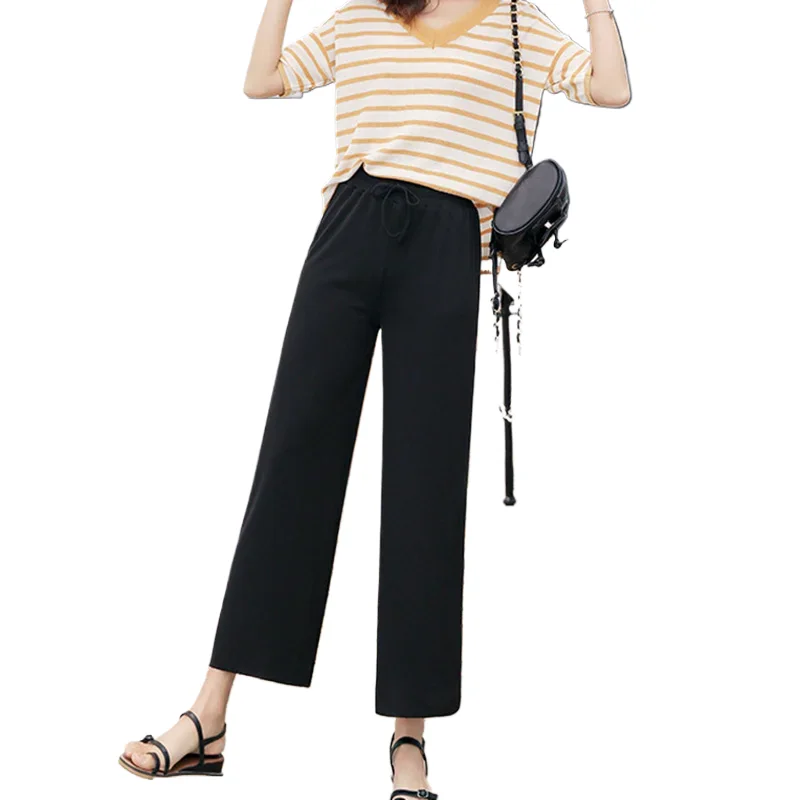 

Women Wide Leg Long Pants Casual Solid Elastic Waist Loose Ankle-Length Ice Silk Pants Spring Summer Straight Female Trousers