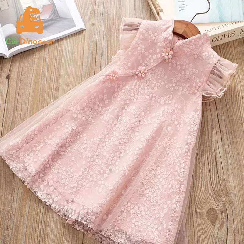 2025 Summer 2 3 4 5 6 8 10 Years Crew Neck Fly Sleeve Baby Mesh Floral Chiffon Chinese Ethnic Style Kids Girls Cheongsam Dress