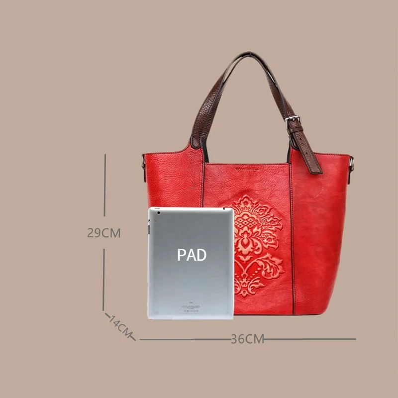 New Fashion Vintage Bag Genuine Cowhide Handmade Embossing Women Shoulder Bag Women Large Capacity Bucket Bag Luxury Handbags