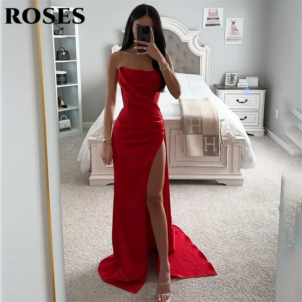 

ROSES Red Evening Dress Strapless Mermaid Sleeveless Party Dress with Pleats Satin Vestido De Novia Sexy Side Split Prom Dress