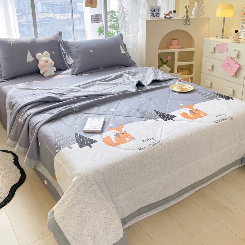 Cute Animals Comforter Set Queen Size Cartoon Fox Bedding Set for Kids Adult Teen Snowflake Forest Tree Quilt with 2 Pillow Case