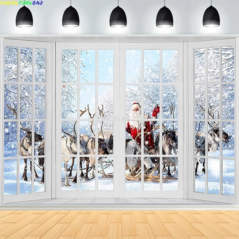 

Christmas Day New Year Party Photography Backdrops Prop Window Living Room Interior Xmas Tree Snow Theme Photo Background AX-03