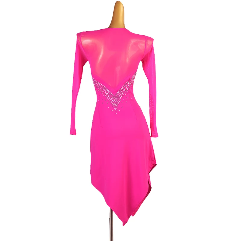 Robe de danse latine rose biscuits pour femme, robe de danse de salon pour femme, manches longues, robe de flamenco, robe de tango, robe de rumba