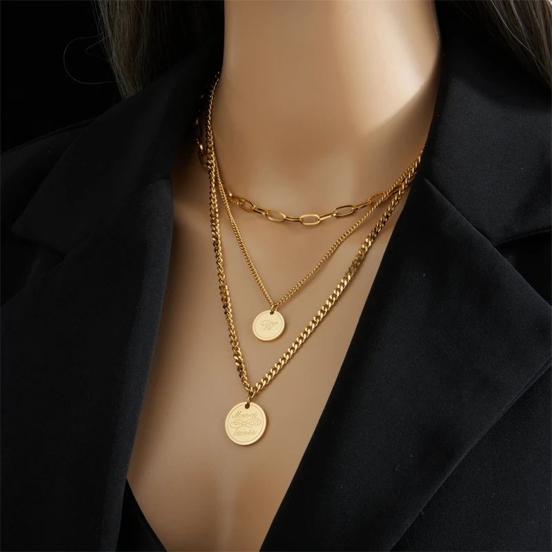 XIYANIKE 316L Stainless Steel Women\'s Necklace Double Layer Gold Color Geometric Pendant Necklaces Women Fashion Girls Jewelry