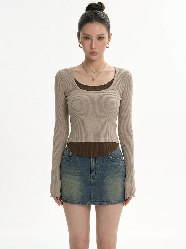 

Повседневная вязаная облегающая футболка Long Sve round Ne, женская модная цветная блузка цвета IUAE, искусственный топ из двух предметов, корейский стиль...