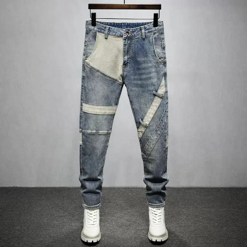 

Street Fashion Men Jeans Retro Washed Blue Spliced Designer Stretch Slim Fit Ripped Jeans Men Patched Hip Hop Biker Pants Hombre