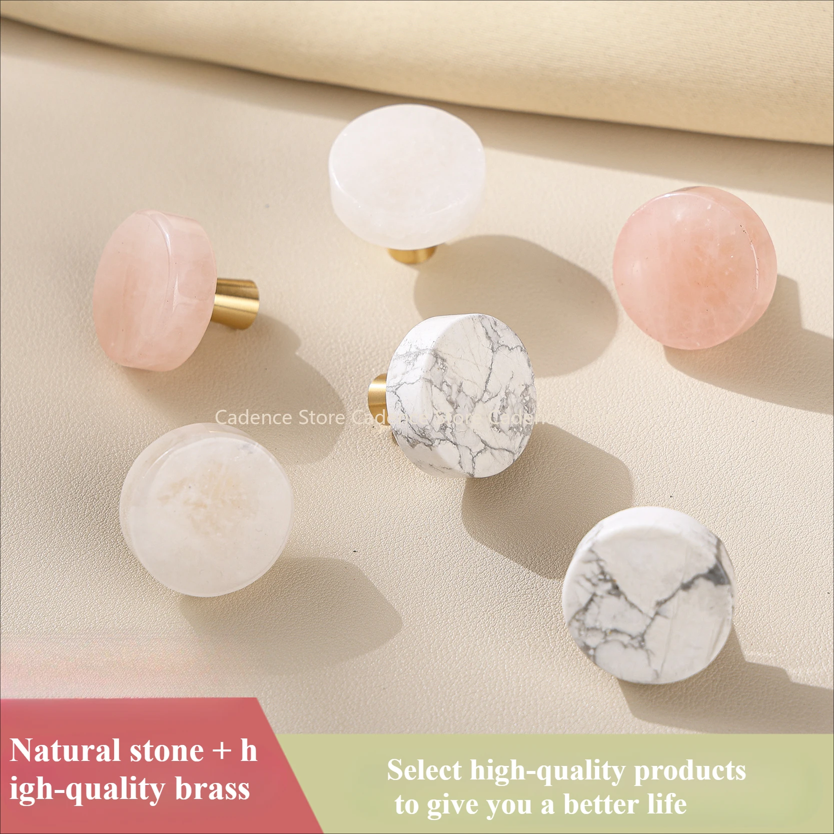 2PCS Brass Marble Crystal Jade Cabinets Wardrobe Door Drawers White Pink Natural Stone Knobs