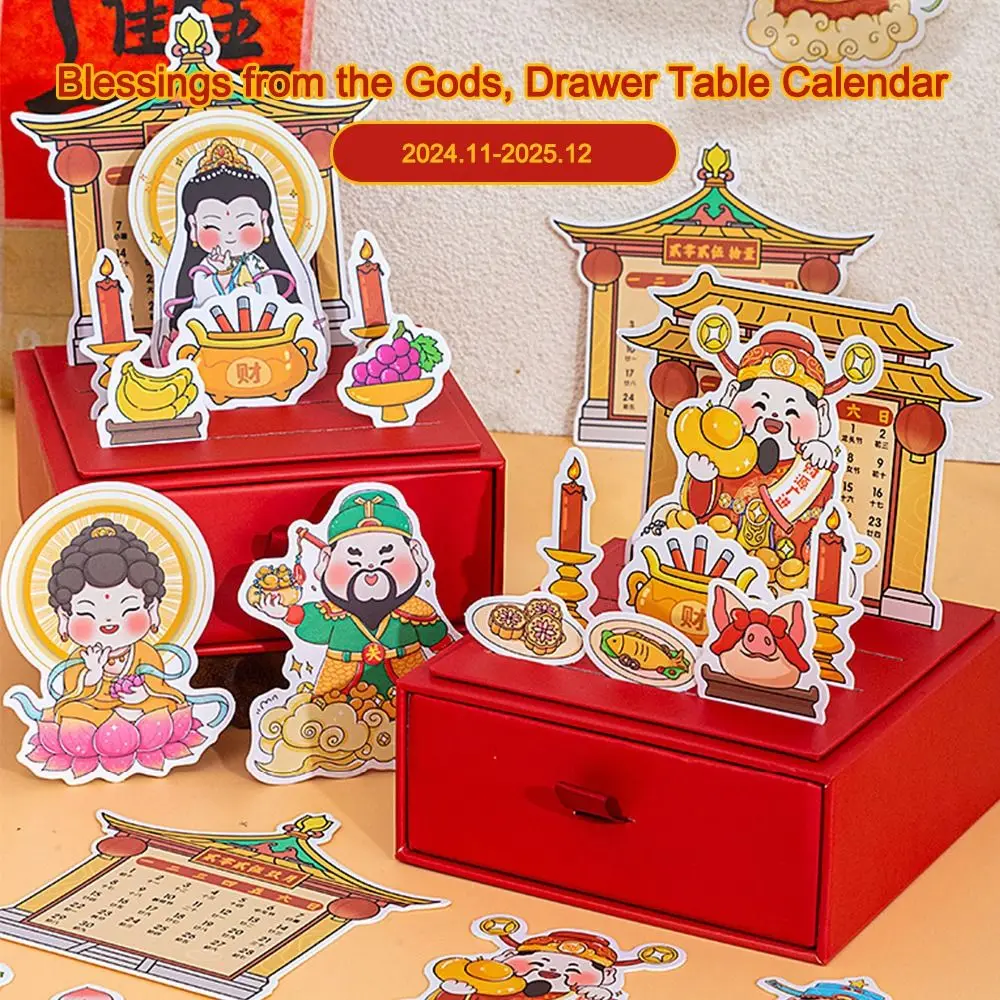 New Year Gift 2025 Gods Blessings Mini Desktop Calendar Drawer Table Decor Agenda Organizer the God of Wealth Schedule Planner