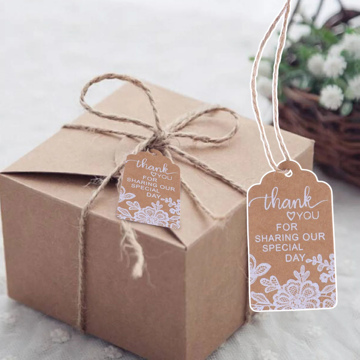 50 Pcs Wedding Gift Tags Kraft Paper for Favor Special Day Printed White Lace Rope
