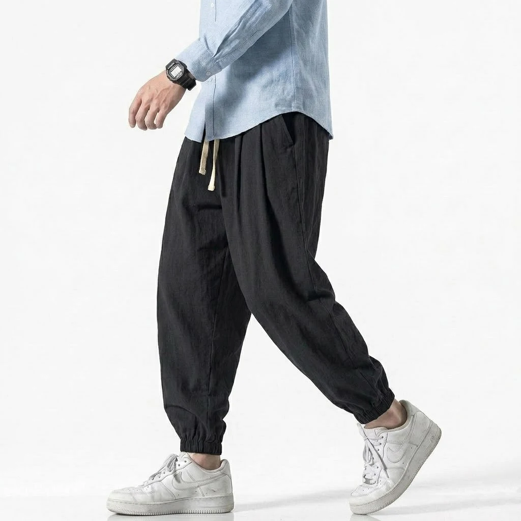 Koreanische Herren-Leinenhosen Frühling Locker Sitzende Strand- und Urlaubshosen aus Baumwolle Lässige Wanderhosen für Männer Sommer Baggy-Hosen Fitness-Arbeitshosen Streetwear – Detail 5