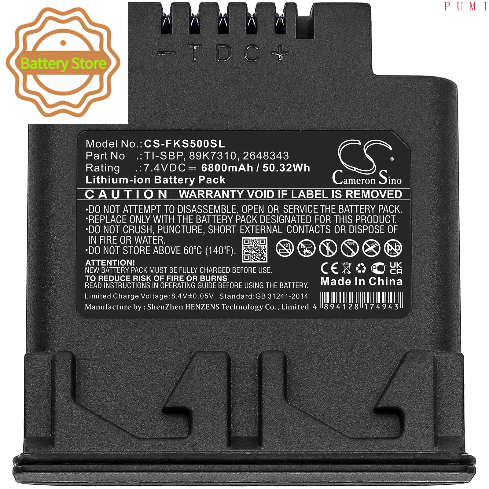 CS Replacement Battery for Fluke IR SMART,IR Flexcam,Ti50FT,Ti55FT,TiR3FT,TiR4FT PN:TI-SBP,89K7310,2648343 6800mAh / 50.32Wh