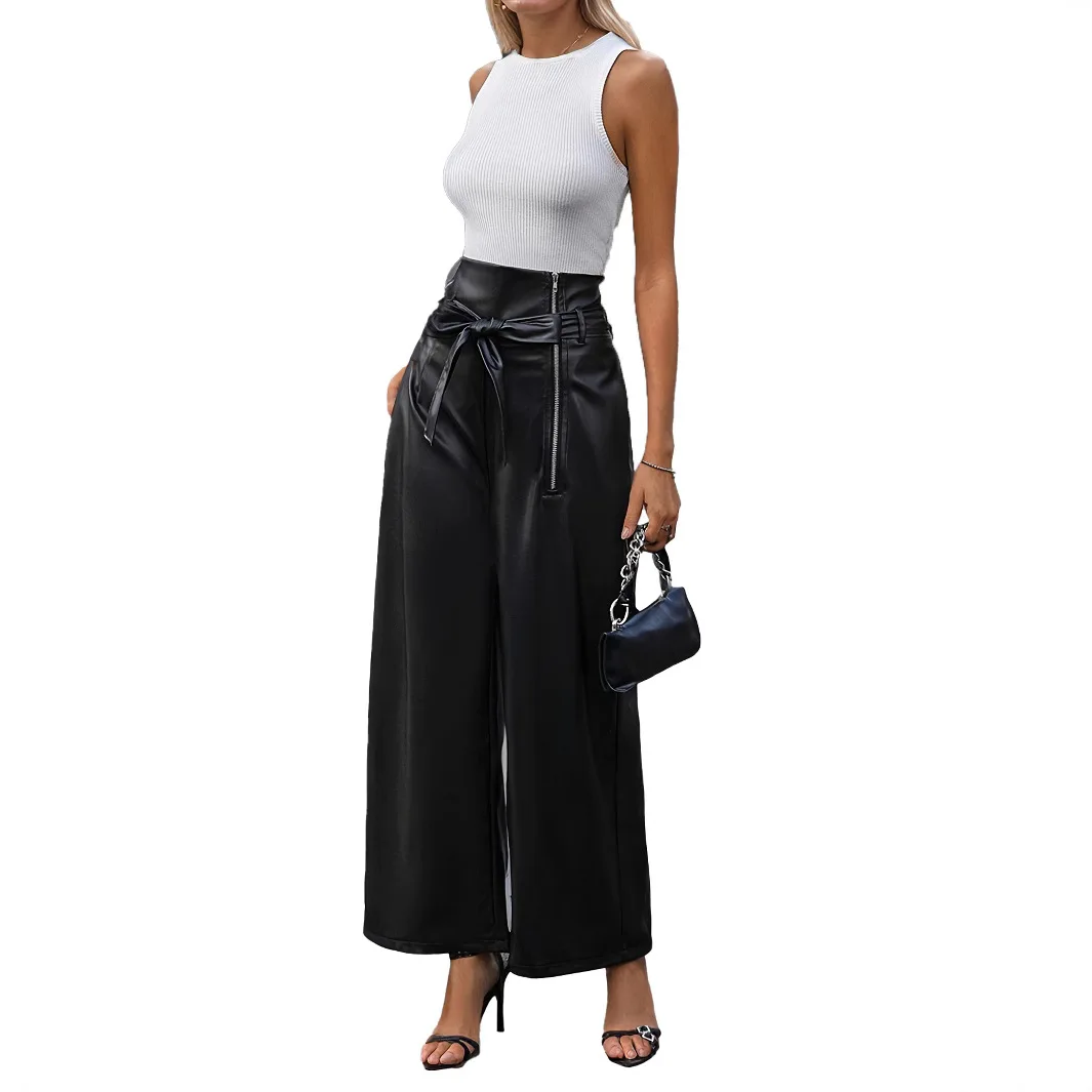 Trend Solid Color Pu Leather Pants Women Zipper Bowknot Leace-up High Waist Wide Leg Trousers Comfortable Casual Commuting Style