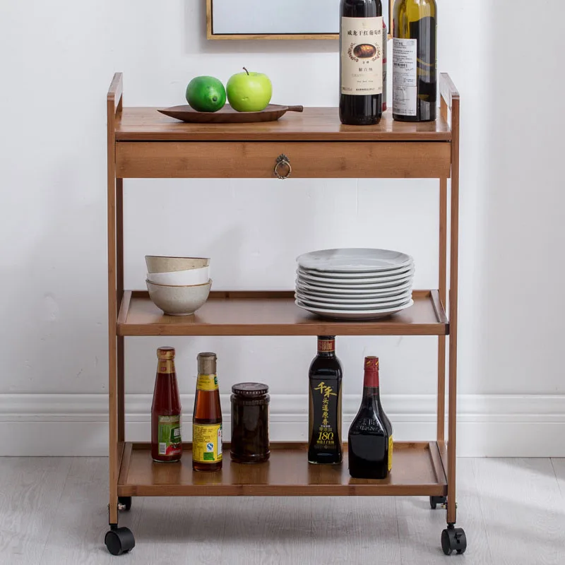 Bamboo Mobile Hotel Trolley Restaurant Wine Service Cart Multi-function Bar Cart with Wheels Hotel Furniture Home Kitchen Cart