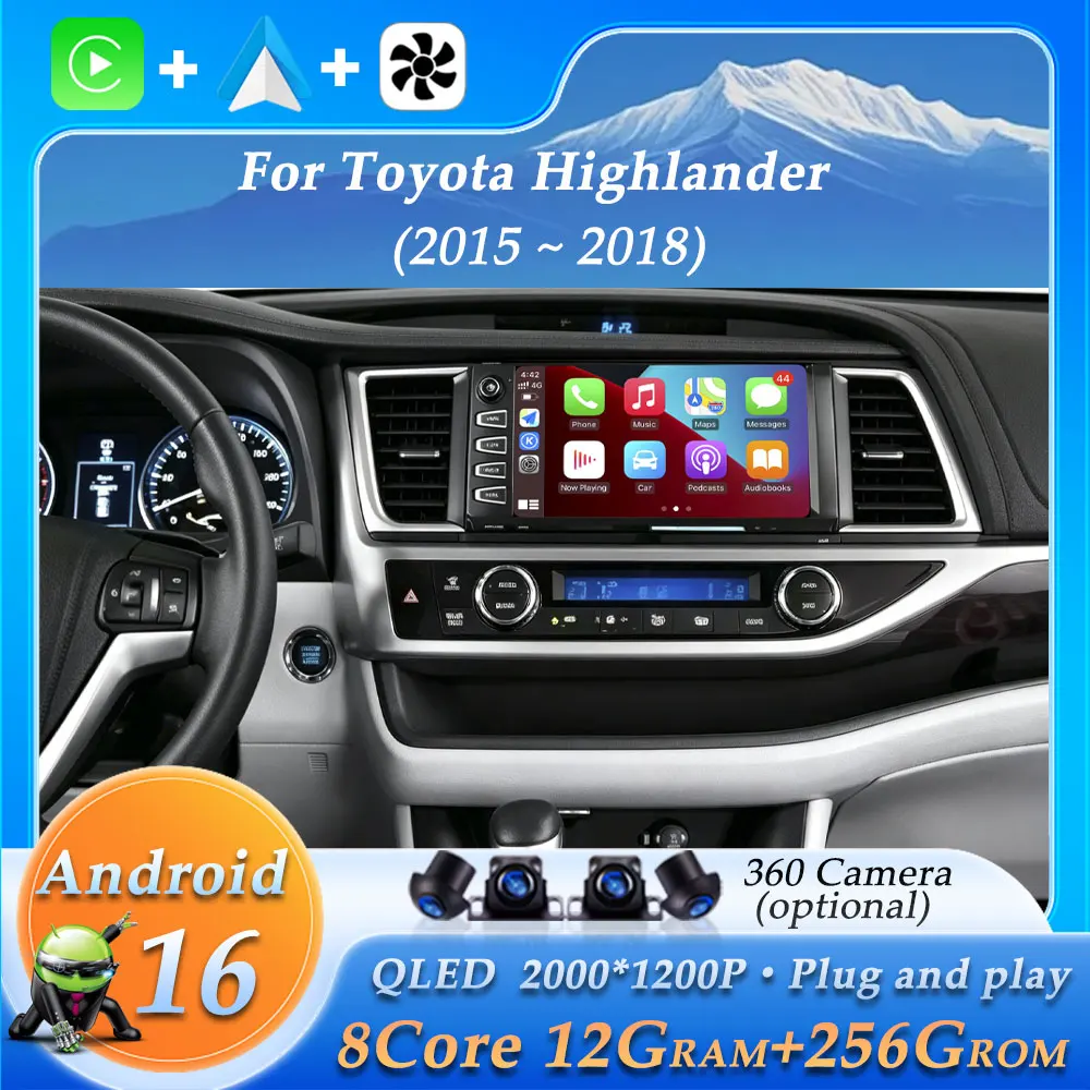 Car Radio for Toyota Highlander 2015 - 2018 GPS Navi Stereo WiFi 4G Audio Multimedia Player BT Accessories Wireless CarPlay Auto