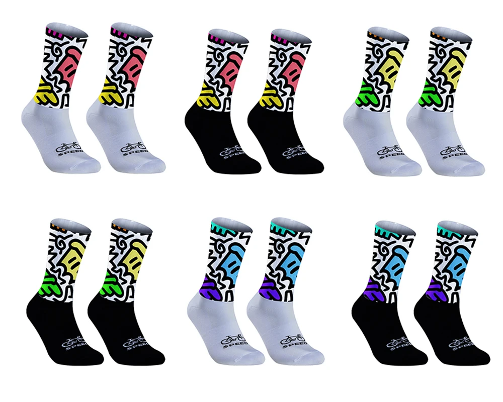 

Красочные длинные велосипедные носки в стиле граффити, три разных цвета граффити, доступны два цвета нижней части носков